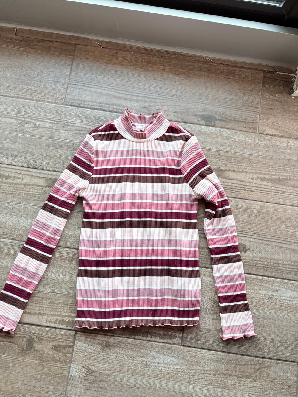 Max Studio Kids Striped Ribbed Long-Sleeve Mock Neck Top in Pink and Burgundy